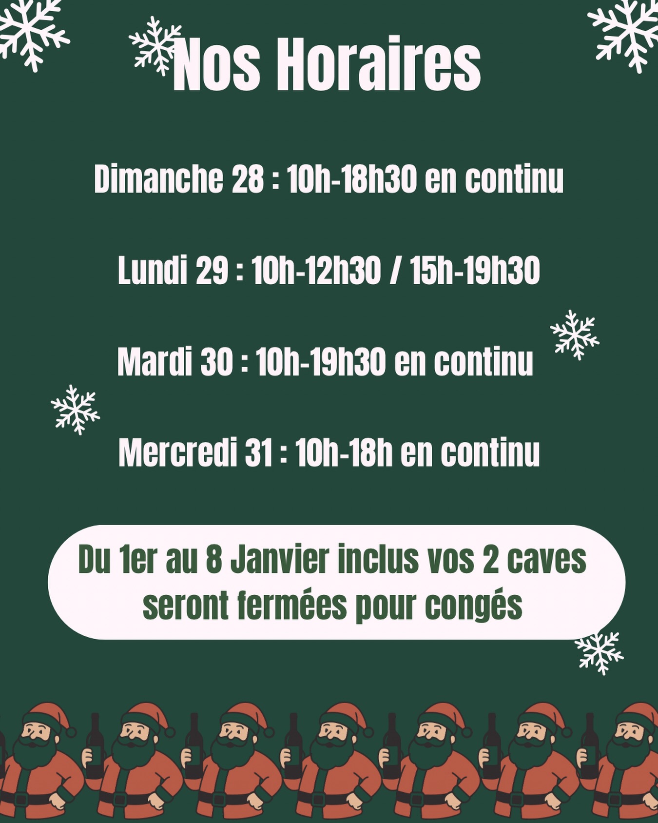 Nos horaires d’ouverture pour les 2 caves pour finir l’année 2025 ! ✨

Venez faire le plein pour fêter le passage à la nouvelle année !! 🍾 🥂 

Et anticiper car nous serons en congés du 1er au 8 Janvier inclus ! 🧳