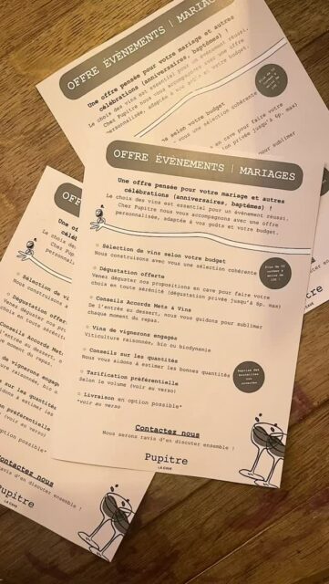 Un événement à fêter ? 🥳 Mariage, anniversaire, baptême … Pense à Pupitre pour ta sélection de vins et bulles ! 🍷 🍾 

Une offre spécialement conçue pour répondre à ta demande. À ton budget. 
Livraison possible et on reprend les bouteilles non consommées ! 

Flyers avec toutes les infos disponibles en cave ! 

Partage autour de toi !! 😘 

#cavisteindépendant #binic #stquayportrieux #pupitre #mariage 

L’abus d’alcool est dangereux pour la santé. À consommer avec modération.