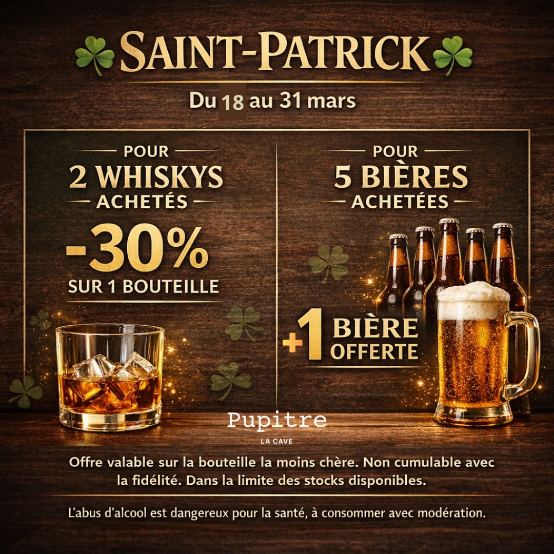 Hier c’était la St Patrick ☘️ 
Pour fêter ça du 18 au 31 mars on te propose 2 promos ! 

Pour 5 bières achetées +1 gratuite offerte ! 🍻 
Pour 2 whiskys achetés -30% sur une bouteille ! 🥃 

Offre valable sur la bouteille la moins chère. 
Non cumulable avec d’autres offres et le programme fidélité. 

L’abus d’alcool est dangereux pour la santé. À consommer avec modération.