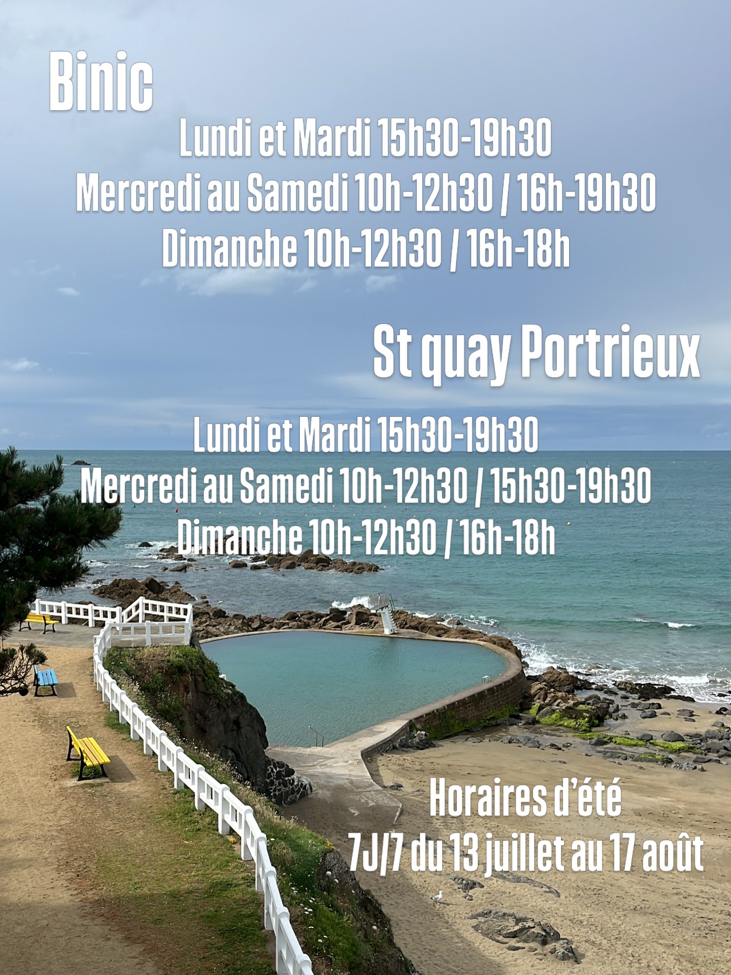 Nos horaires d’été ☀️ 
On passe en 7J/7 dès ce lundi 13 Juillet jusqu’au lundi 17 Août ! Alors pas d’excuse pour ne pas venir nous voir !! 🍷 

⚠️ Horaires spécifiques pour le 13 et 14 juillet fermeture des 2 caves à 18h (arrêté préfectoral - nous ne pouvons plus vendre d’alcool à emporter après 18h) 🚫 

🥳 La cave de St Quay sera exceptionnellement ouverte le lundi 24 août de 15h30 à 19h30 

Horaires actualisés en tant réel sur nos pages Google. 

Très bel été à toutes et à tous ! 

#pupitre #cavisteindependant #binic #stquayportrieux